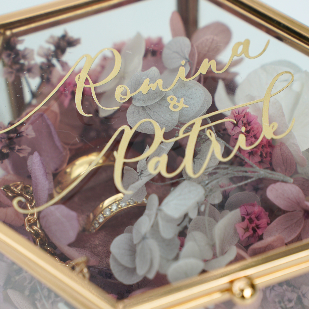Ringkissen, Ringetui, Ring Schatulle glas, Metal Hexagon, individuell bedruckt, personalisierte Ringbox, Hexagon glas, Eheringe, Hochzeit, Metallbox, God, Hochzeits-Villa, Ehering Box, Wedding,