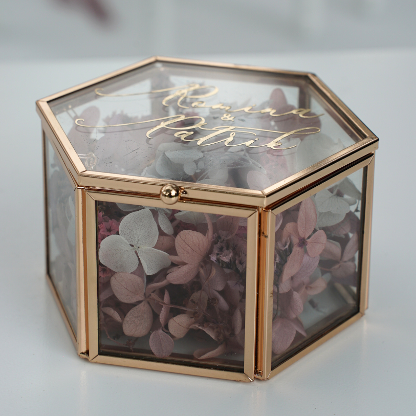 Ringkissen, Ringetui, Ring Schatulle glas, Metal Hexagon, individuell bedruckt, personalisierte Ringbox, Hexagon glas, Eheringe, Hochzeit, Metallbox, God, Hochzeits-Villa, Ehering Box, Wedding,