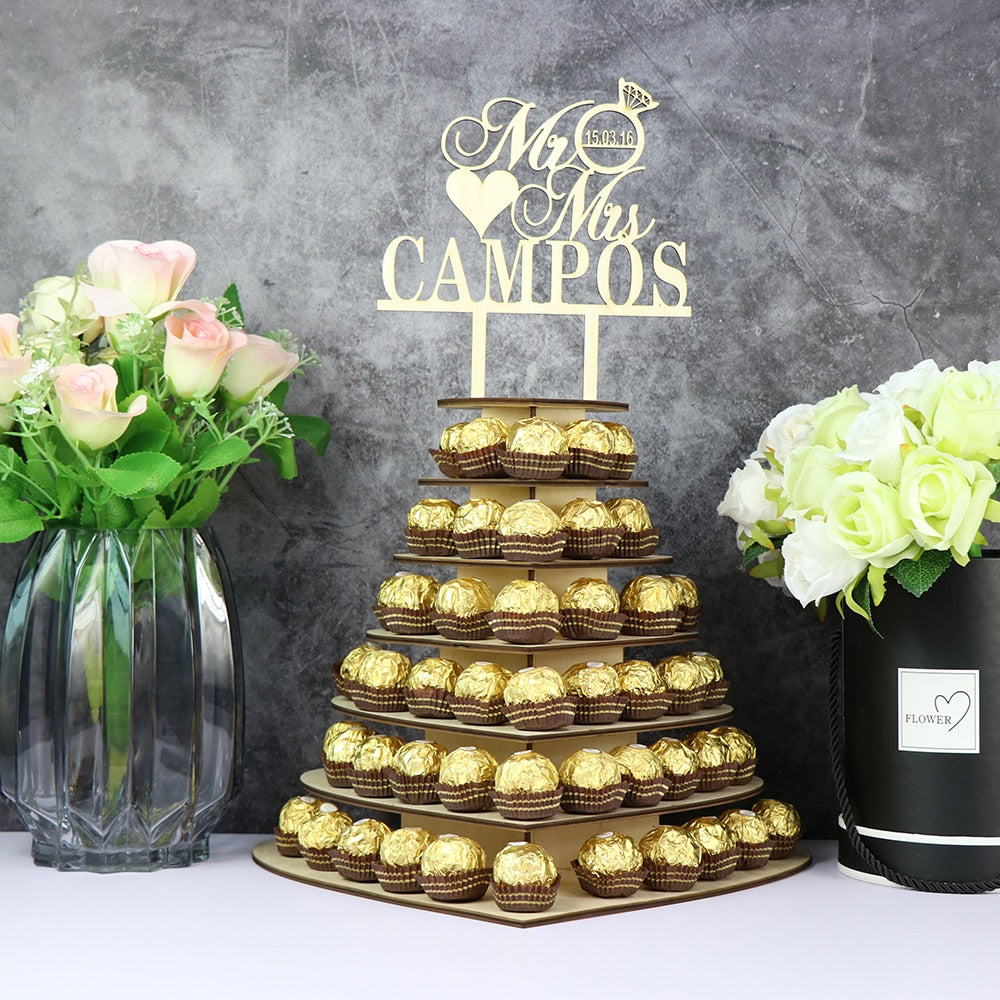 Schokoladenständer, Kuchendeko, Holzständer,  Hochzeitstorte deko, Wedding Cake, Herzen, Hochzeits-Villa, personalisierte Kuchendeko, Brautpaa Namen, Candy Bar, Pralinen Aufsteller, Dessert Etagere 