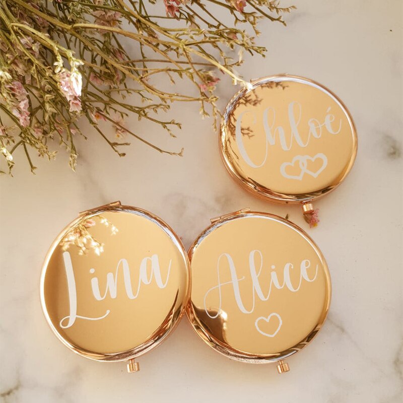personalisierter Handspiegel, Taschenspiegel bedruckt, Brautjungfern Geschenk, Spiegel, Handtaschenspiegel, Spiegel mit Namen, Spiegel mit Gravur, Spiegel mit geschekverpackung, Samt Beutel, Blumenmädchen Geschenk, Hochzeits-Villa, Make Up Spiegel, 