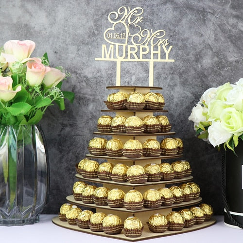 Schokoladenständer, Kuchendeko, Holzständer,  Hochzeitstorte deko, Wedding Cake, Herzen, Hochzeits-Villa, personalisierte Kuchendeko, Brautpaa Namen, Candy Bar, Pralinen Aufsteller, Dessert Etagere 