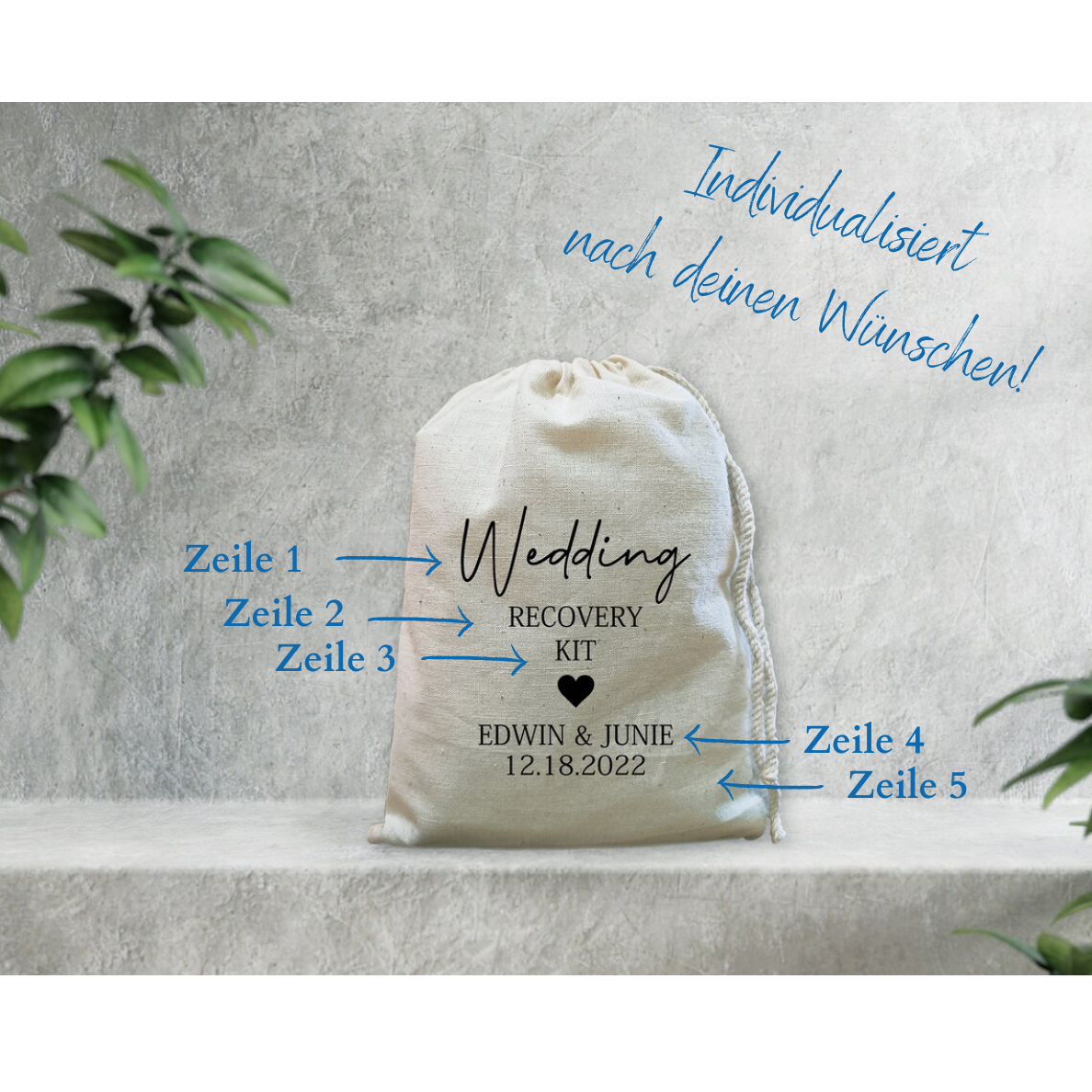 personalisierte Hangover, Hangover Kit, Wedding Survival Kit, Überlebenspaket, JGA, Gastgeschenk, Hochzeit,, Jutebeutel, Bedruckte Säckchen, Polterabend, Säckchen mit Logo, Hochzeits-Villa,