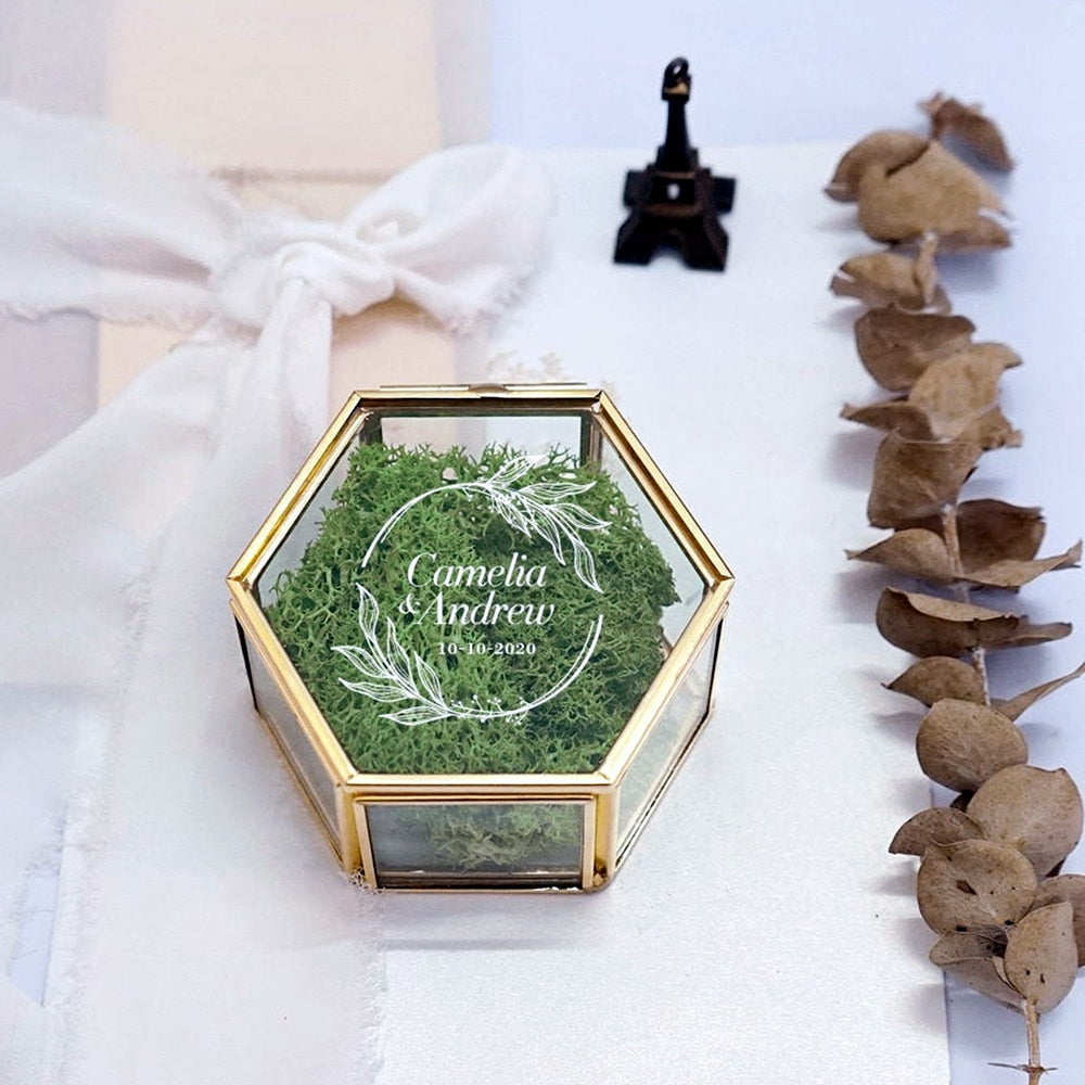 Ringkissen, Ringetui, Ring Schatulle glas, Metal Hexagon, individuell bedruckt, personalisierte Ringbox, Hexagon glas, Eheringe, Hochzeit, Metallbox, God, Hochzeits-Villa, Ehering Box, Wedding, 